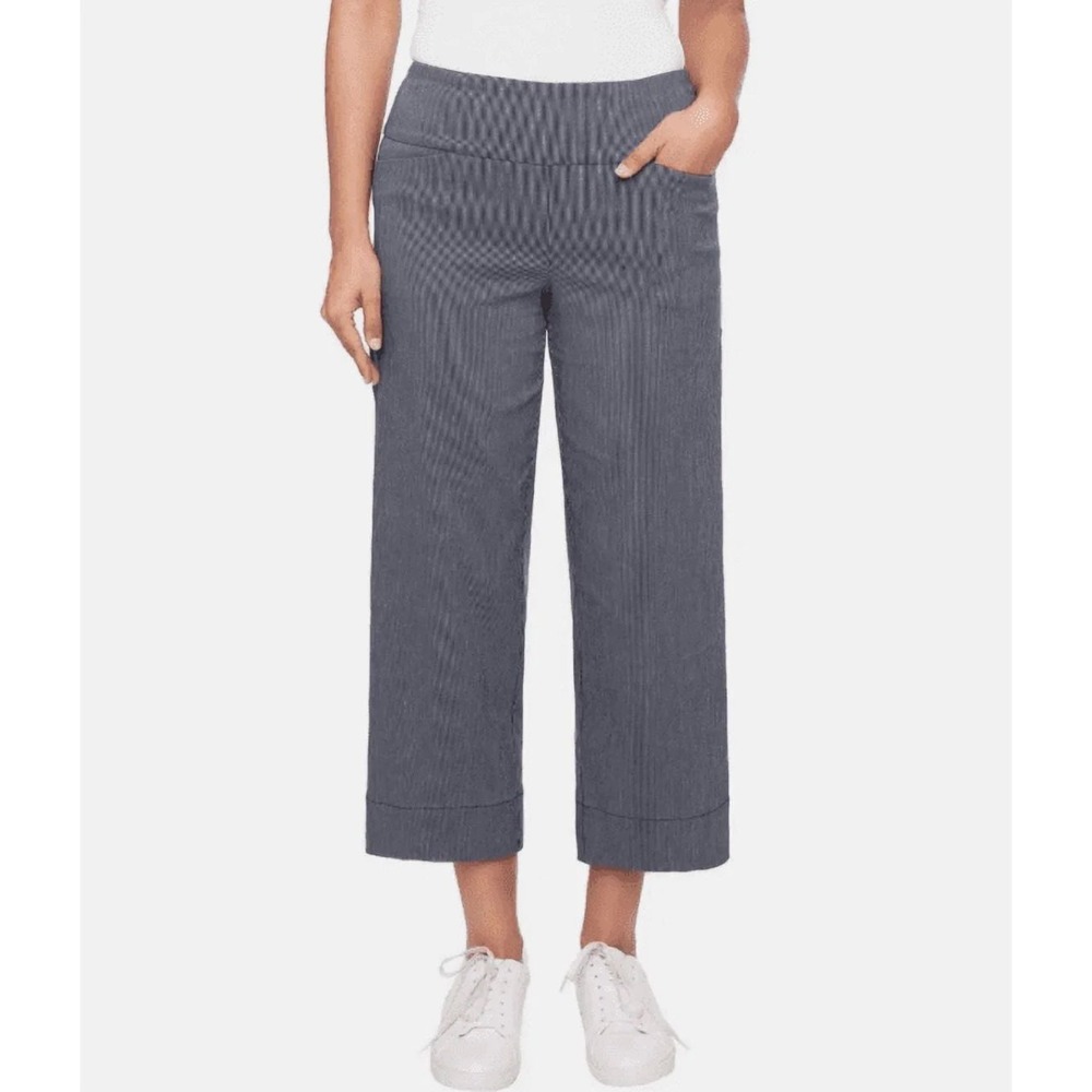 NWT: SC & CO Navy Blue Striped‎ 360 Tummy Control Wide Leg Crop Pants L (N723)